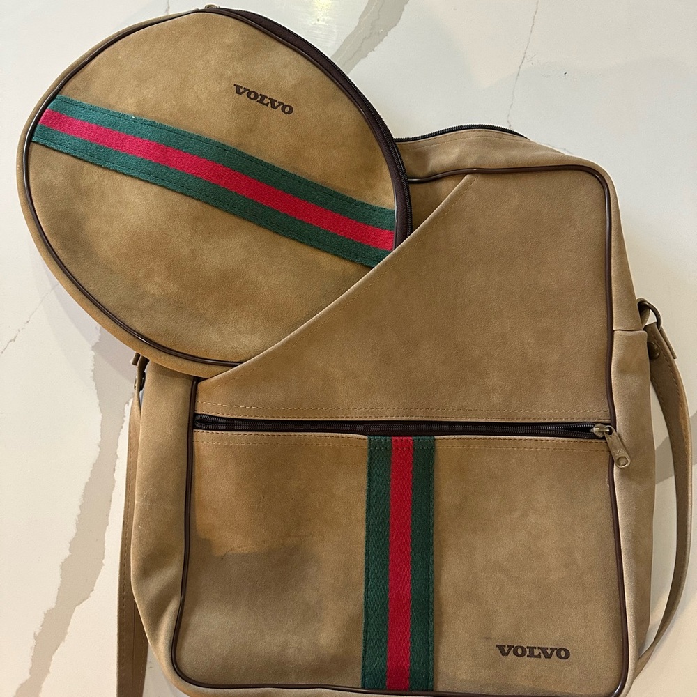 Vintage Hazel Mojave Bag – Brown Suede with Volvo Logo + Tennis Racquet Cover